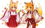  2girls animal_ear_fluff animal_ears arm_up blonde_hair blue_eyes character_request commentary_request copyright_request crossover double_fox_shadow_puppet fang fox_ears fox_shadow_puppet fox_tail hair_ornament hakama hakama_skirt hand_gesture japanese_clothes kida_kuro_mu long_hair miko multiple_girls open_mouth shadow_puppet shirt short_hair smile tail white_shirt yellow_eyes 