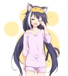  1girl animal_ear_fluff animal_ears black_hair blush cat_ears cat_tail collarbone fang felutiahime green_eyes highres kyaru_(princess_connect) long_hair long_sleeves low_twintails multicolored_hair one_eye_closed open_mouth pajamas paw_background princess_connect! princess_connect!_re:dive solo streaked_hair tail twintails twitter_username very_long_hair white_background yawning 