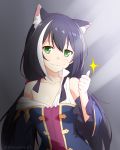  1girl absurdres animal_ear_fluff animal_ears artist_name bangs bare_shoulders black_hair blush breasts cat_ears collarbone commentary_request detached_sleeves dress eyebrows_visible_through_hair felutiahime green_eyes hair_between_eyes highres kyaru_(princess_connect) long_hair looking_at_viewer low_twintails multicolored_hair off-shoulder_dress off_shoulder princess_connect! princess_connect!_re:dive sleeveless sleeveless_dress smile solo streaked_hair twintails white_hair 