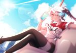  1girl armchair black_legwear black_rock_shooter chair character_request cityscape clouds collarbone commentary_request crossed_legs cup drinking_straw hair_between_eyes heart highres holding holding_cup hot long_hair navel one_eye_closed oywj shirt shorts sitting sky solo sunlight sweat sweatdrop t-shirt thigh-highs twintails white_hair window 