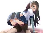  1girl all_fours ass bangs black_hair blue_sailor_collar blue_skirt blush brown_legwear commentary_request eyebrows_visible_through_hair glasses hairband hip_vent kantai_collection long_hair long_sleeves looking_at_viewer mofu_namako ooyodo_(kantai_collection) open_mouth panties sailor_collar school_uniform shirt simple_background skirt solo thigh-highs underwear white_hairband white_panties white_shirt 