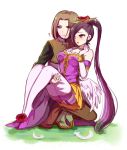  1boy 1girl :d bangs beifunan black_shirt blue_eyes blush bracelet breasts brown_hair brown_vest carrying divine_bustier_(dq) dragon_quest dragon_quest_xi elbow_gloves feathers flower gloves hair_flower hair_ornament hair_over_one_eye hero_(dq11) highres jewelry large_breasts long_hair martina_(dq11) one_eye_closed open_mouth parted_bangs princess_carry purple_shirt shirt skirt smile squatting thigh-highs very_long_hair vest violet_eyes white_gloves white_legwear yellow_skirt 