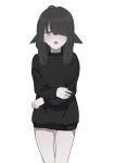  1girl black_hair brown_eyes hair_over_one_eye highres long_hair looking_at_viewer oissu_tiwassu open_mouth original simple_background solo sweater white_background 