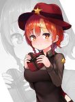  1girl bangs blush box eyebrows_visible_through_hair hat heart-shaped_box highres iron_annie last_origin looking_at_viewer redhead sheriff_badge sizeaton solo valentine yellow_eyes zoom_layer 