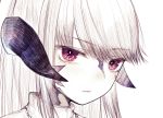  1girl au_ra blush closed_mouth eyebrows_visible_through_hair face final_fantasy final_fantasy_xiv hatching_(texture) highres horns long_hair nose_blush riuichi simple_background sketch solo turtleneck upper_body violet_eyes white_background 