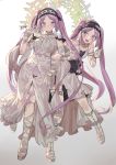  2girls absurdres dated dress euryale fate/grand_order fate_(series) frilled_hairband frills hairband halo highres jewelry locked_arms multiple_girls navel navel_cutout panties purple_hair sandals seyana siblings signature sisters smile stheno twintails underwear violet_eyes 