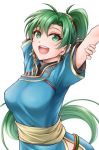  1girl ahoge arched_back arm_behind_head arms_up bangs black_undershirt blue_dress breasts commentary dress earrings eyelashes fire_emblem fire_emblem:_the_blazing_blade gold_trim green_eyes green_hair holding_own_arm jewelry long_hair looking_at_viewer lyn_(fire_emblem) medium_breasts open_mouth ponytail sash side_slit sidelocks simple_background tenchan_man undershirt upper_body very_long_hair white_background 