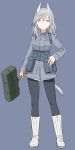  1girl animal_ears aurora_e_juutilainen black_legwear blue_background blue_theme boots drum_magazine grey_eyes grey_hair gun hand_on_hip military military_uniform pantyhose shimada_fumikane short_hair smile solo strike_witches submachine_gun suomi_kp/-31 uniform weapon world_witches_series 