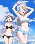  2girls armpits artist_request bikini black_bikini blue_eyes blush breasts eila_ilmatar_juutilainen eyebrows_visible_through_hair green_eyes groin large_breasts long_hair medium_breasts multiple_girls navel ocean official_art open_mouth outdoors sanya_v_litvyak shiny shiny_hair short_hair sky small_breasts smile strike_witches swimsuit white_hair world_witches_series 