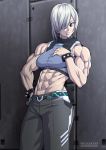  1girl abs bare_shoulders belt belt_buckle black_belt blue_eyes bracelet buckle ebr-kii jewelry midriff muscle muscular_female navel pants phantasy_star phantasy_star_online_2 short_hair sleeveless solo spiked_bracelet spikes sports_bra white_hair 