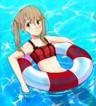  1girl artist_request bikini bikini_top blonde_hair blush closed_mouth floating green_eyes innertube long_hair looking_at_viewer maka_albarn navel relaxing smile solo soul_eater swimming swimsuit tagme twintails water 