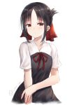  1girl bangs black_dress black_hair closed_mouth dress eyebrows_visible_through_hair fujimori_shiki hair_between_eyes hair_ornament highres kaguya-sama_wa_kokurasetai_~tensai-tachi_no_renai_zunousen~ looking_at_viewer neck_ribbon pinafore_dress red_eyes red_ribbon ribbon school_uniform shinomiya_kaguya shiny shiny_hair short_hair short_sleeves simple_background solo standing summer_uniform tied_hair white_background white_sleeves 