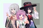  3others absurdres androgynous bare_shoulders black_eyes black_hair bow brown_coat coat detached_sleeves enraku_tsubakura grey_eyes grey_hair hat highres houlen_yabusame japanese_clothes large_hat len&#039;en multiple_others pink_eyes pink_hair red_ribbon ribbon shion_(len&#039;en) short_hair short_hair_with_long_locks smile top_hat triangular_headpiece v wide_sleeves 