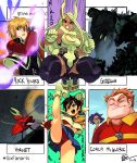  3boys 3girls alex_ahad blonde_hair boku_no_hero_academia character_name clenched_hands cloak coach_mcguirk commentary dark_skin english_commentary fatal_fury godzilla godzilla_(series) high_kick highres hollow_knight home_movies hornet_(hollow_knight) kaijuu kasugano_sakura kicking mark_of_the_wolves mirko multiple_boys multiple_girls needle red_eyes rock_howard shoe_removed six_fanarts_challenge street_fighter street_fighter_zero_(series) thick_thighs thigh-highs thighs uppercut 