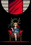  1girl absurdres blonde_hair chair cigarette dragon_horns dragon_tail earrings highres holding holding_cigarette hoop_earrings horns jewelry kicchou_yachie neruzou otter petting red_eyes scratches shoes short_hair sitting skirt socks solo tail tattoo touhou white_legwear 