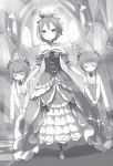  3girls bow bowtie breasts character_request closed_eyes collarbone corset dress dress_shirt elbow_gloves felt_(re:zero) gloves greyscale hair_between_eyes hair_bow highres indoors layered_dress long_dress long_sleeves looking_at_viewer monochrome multiple_girls novel_illustration off-shoulder_dress off_shoulder official_art ootsuka_shin&#039;ichirou parted_lips re:zero_kara_hajimeru_isekai_seikatsu shiny shiny_hair shirt short_hair sleeveless sleeveless_dress small_breasts sparkle sunlight walking 