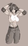  1girl abs belt belt_buckle buckle cargo_pants collarbone ebr-kii elbow_pads facial_tattoo gloves grey_background highres muscle muscular_female navel pants phantasy_star phantasy_star_online_2 pointy_ears short_hair solo sports_bra tattoo white_sports_bra 