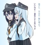  2girls akatsuki_(kantai_collection) anchor_symbol black_hair black_headwear black_sailor_collar black_skirt blue_background blue_eyes commentary_request cowboy_shot flat_cap gradient gradient_background hat hibiki_(kantai_collection) kantai_collection kodachi_(kuroyuri_shoukougun) long_hair multiple_girls neckerchief pleated_skirt red_neckwear sailor_collar school_uniform serafuku silver_hair skirt translation_request violet_eyes white_background 