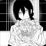  1girl black_hair blush breasts chainsaw_man closed_mouth flower greyscale hair_between_eyes hands_together happy looking_at_viewer lowres medium_hair monochrome noharu123 reze_(chainsaw_man) shirt smile upper_body white_shirt window 