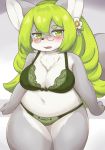  1girl animal_ears blush bra breasts commentary_request cowboy_shot eigetsu fang flower fox fox_ears fox_girl fox_tail fullbokko_heroes furry glasses green_bra green_eyes green_hair green_panties grey_fur hair_flower hair_ornament large_breasts long_hair looking_to_the_side navel oota_sukemoto_(fullbokko_heroes) open_mouth panties plump simple_background sitting solo tail two-tone_fur underwear white_fur 