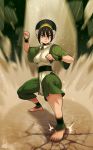  1girl avatar:_the_last_airbender avatar_(series) belt black_hair blind breasts clenched_hands culottes dirty_feet dust_cloud element_bending facing_viewer fighting_stance full_body geokinesis grey_eyes ground_shatter hairband highres jmg medium_breasts motion_blur pelvic_curtain serious short_hair solo studded_belt toph_bei_fong wristband 
