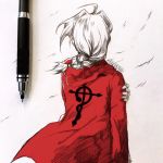  1boy ahoge artist_name braid clivenzu coat commentary edward_elric english_commentary facing_viewer fingernails floating_hair from_behind fullmetal_alchemist graphite_(medium) hair_intakes highres long_hair long_sleeves mechanical_pencil mixed_media pencil photo red_coat solo traditional_media twitter_username 