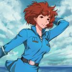  1girl breasts brown_eyes brown_hair closed_mouth clouds dress earrings gloves jewelry kaze_no_tani_no_nausicaa kemi_(kemi433) nausicaa short_hair solo 