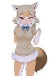  1girl :o animal_ear_fluff animal_ears bangs blue_bow blue_neckwear bow bowtie breasts brown_eyes commentary cowboy_shot elbow_gloves eyebrows_visible_through_hair fur_collar gloves golden_jackal_(kemono_friends) gradient_hair grey_hair hair_between_eyes hand_on_own_chest hands_up highres jackal_ears jackal_tail kemono_friends long_hair looking_at_viewer masuyama_ryou medium_breasts multicolored_hair orange_hair pantyhose short_sleeves simple_background solo tail white_background white_hair 