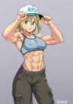  1girl abs armpits arms_up baseball_cap blonde_hair blue_eyes blue_sports_bra cargo_pants collarbone ebr-kii grey_background hat midriff muscle muscular_female navel open_mouth original pants short_hair solo sports_bra sportswear standing 