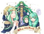  1boy 3girls bard barefoot braid closed_eyes closed_mouth crown dress father_and_daughter fire_emblem fire_emblem:_three_houses flayn_(fire_emblem) flower garreg_mach_monastery_uniform green_hair hair_flower hair_ornament hands_clasped long_hair long_sleeves multiple_girls open_mouth outstretched_arms own_hands_together pointy_ears rhea_(fire_emblem) ribbon_braid robaco seteth_(fire_emblem) short_hair simple_background smile sothis_(fire_emblem) spread_arms tiara twin_braids twitter_username uniform white_background 