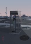  1girl black_hair brown_eyes dated hair_over_one_eye highres hood hoodie leaning long_hair looking_at_viewer manhole mountain oissu_tiwassu original payphone phone phone_booth smile solo traffic_light v 