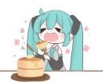  1girl aqua_eyes aqua_hair bare_shoulders black_sleeves blush closed_eyes commentary detached_sleeves eating food fork grey_shirt hair_ornament hatsune_miku holding holding_fork holding_knife knife long_hair necktie open_mouth pancake plate shirt sleeveless sleeveless_shirt solo stack_of_pancakes translated twintails very_long_hair vocaloid xnekotamax 