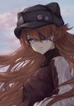  1girl bangs blue_eyes blue_sky close-up closed_mouth clouds commentary evangelion:_3.0_you_can_(not)_redo eyepatch from_behind hair_between_eyes hands_in_pockets hat hat_pin highres jacket long_hair looking_at_viewer looking_back neon_genesis_evangelion orange_hair pins rebuild_of_evangelion red_jacket shikinami_asuka_langley sky solo souryuu_asuka_langley yasu_(segawahiroyasu) 