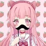  +_+ 1girl bangs blush bow commentary_request covered_mouth eyebrows_visible_through_hair facial_mark fake_facial_hair fake_mustache food fruit hairband holding long_hair long_sleeves looking_at_viewer original pink_background pink_hair red_bow red_hairband sailor_collar satori_(ymoy) shirt solo strawberry upper_body violet_eyes white_sailor_collar white_shirt 