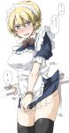  1girl alternate_costume black_legwear blonde_hair blue_eyes blush breasts commentary_request darjeeling_(girls_und_panzer) elf_(stroll_in_the_woods) enmaided girls_und_panzer graphite_(medium) hair_between_eyes highres large_breasts looking_at_viewer maid maid_headdress medium_breasts open_mouth puffy_short_sleeves puffy_sleeves short_hair short_sleeves simple_background skirt solo speech_bubble sweat thigh-highs traditional_media translation_request white_background 