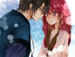  1boy 1girl akatsuki_no_yona aminyao black_hair blush closed_mouth collarbone couple eye_contact hak_(akatsuki_no_yona) imminent_kiss long_hair long_sleeves looking_at_another redhead shiny shiny_hair short_over_long_sleeves short_sleeves sketch sweatdrop violet_eyes yona_(akatsuki_no_yona) 