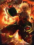  1boy bakugou_katsuki bare_shoulders black_footwear black_pants black_shirt blonde_hair boku_no_hero_academia boots commentary_request explosion full_body gloves green_gloves highres kosumi looking_at_viewer lower_teeth male_focus open_mouth pants red_eyes shaded_face shirt signature sleeveless sleeveless_shirt solo spiky_hair spread_legs upper_teeth v-shaped_eyebrows 