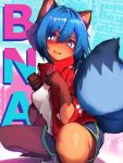  1girl absurdres animal_ears blue_eyes blue_hair blue_shorts brand_new_animal breasts clenched_hands commentary furry highres jacket kagemori_michiru open_mouth paw_pose raccoon_ears raccoon_girl raccoon_tail red_jacket shirt short_hair short_shorts shorts solo spread_legs squatting tab_head tail track_jacket white_shirt 