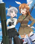  2girls animal_ears black_legwear blush breasts brown_hair cat_ears charlotte_e_yeager closed_eyes clouds eyebrows_visible_through_hair fliegerhammer green_eyes large_breasts long_hair military military_uniform multiple_girls official_art panties pantyhose rabbit_ears sanya_v_litvyak shiny shiny_hair short_hair sky small_breasts smile strike_witches striker_unit underwear uniform weapon white_hair white_panties world_witches_series yuri 