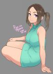  1girl 2020 agawa_ryou arm_support artist_name bare_shoulders breasts brown_hair commentary dated green_sweater grey_background large_breasts light_smile looking_at_viewer original ponytail signature simple_background sitting sleeveless sleeveless_turtleneck smile solo sweater thighs turtleneck violet_eyes 