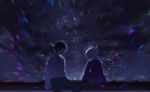  2boys black_hair collared_shirt eye_contact glasses glowing kuga_yuuma light_particles long_sleeves looking_at_another looking_away looking_to_the_side male_focus mikumo_osamu mirin_chikuwa multiple_boys night night_sky pants profile red_eyes shirt sitting sky star_(sky) starry_sky sweater white_hair world_trigger 