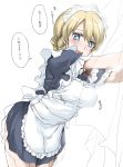  1girl alternate_costume apron blonde_hair blue_eyes blush braid commentary darjeeling_(girls_und_panzer) elf_(stroll_in_the_woods) enmaided french_braid girls_und_panzer hair_between_eyes highres leaning_forward looking_at_viewer maid maid_apron maid_headdress skirt solo translated 