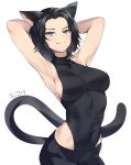  1girl animal_ears armpits arms_behind_head bangs bare_shoulders black_hair black_leotard black_pants blue_eyes breasts cat_ears cat_girl cat_tail closed_mouth commission covered_navel final_fantasy final_fantasy_xiv gogoco highleg highleg_leotard highres leotard leotard_under_clothes looking_at_viewer medium_breasts miqo&#039;te pants parted_bangs short_hair sideboob slit_pupils smile smirk solo tail turtleneck_leotard white_background 