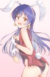  1girl animal_ears ass bangs blue_hair blush breast_padding bunny_tail bunnysuit commentary_request earrings embarrassed from_behind gloves hair_between_eyes heart heart_earrings highres jewelry korekara_no_someday long_hair looking_at_viewer looking_back love_live! love_live!_school_idol_project omoi_seiji pads rabbit_ears raised_eyebrows simple_background solo sonoda_umi tail wavy_mouth white_gloves yellow_eyes 