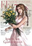  1girl aerith_gainsborough bouquet bow bracelet braid braided_ponytail cover dress drill_hair english_text final_fantasy final_fantasy_vii final_fantasy_vii_remake flower green_eyes grey_background hair_bow highres jewelry looking_at_viewer magazine_cover pink_dress raypier smile solo 