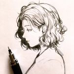  1girl artist_name clivenzu closed_mouth commentary earrings english_commentary from_side graphite_(medium) greyscale jewelry mechanical_pencil monochrome original pencil photo profile short_hair smile solo traditional_media twitter_username upper_body 