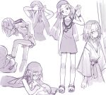  1boy 1girl absurdres bandana beads dress highres japanese_clothes kyouyama_anna monochrome pleated_skirt prayer_beads sandals school_uniform season_(artist) shaman_king short_dress short_hair skirt 