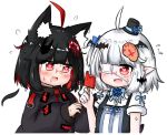  2girls ahoge animal_ear_fluff animal_ears bailingxiao_jiu bat_hair_ornament black_dress black_hair black_headwear black_jacket blue_bow blue_flower blue_rose blush bow braid dress dress_shirt eyepatch flower flying_sweatdrops fox_ears fox_hair_ornament hair_bow hair_ornament hat hat_flower heart heart-shaped_pupils jacket long_sleeves medical_eyepatch mini_hat mini_top_hat multicolored_hair multiple_girls one_side_up original pointy_ears puffy_long_sleeves puffy_sleeves red_eyes redhead rose shirt short_hair short_sleeves silver_hair simple_background sleeveless sleeveless_dress sleeves_past_wrists streaked_hair sweat symbol-shaped_pupils top_hat upper_body white_background white_shirt 