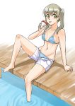  1girl bikini blush breasts eating feet green_eyes long_hair maka_albarn navel shorts sitting solo soul_eater swimsuit twintails twrlare water 