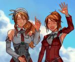  2girls aquila_(kantai_collection) armpit_cutout bangs birdry breasts brown_hair closed_eyes clouds day detached_sleeves green_neckwear hair_between_eyes headdress high_ponytail jacket kantai_collection littorio_(kantai_collection) long_hair long_sleeves multiple_girls necktie open_mouth orange_hair outdoors ponytail red_jacket red_neckwear sky smile upper_body waving 